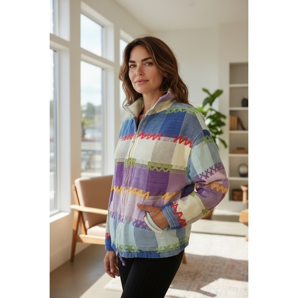 Angelique Vintage Women's Multicolor Large Plaid  Zip Up Hooded Jacket Free Size